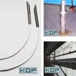 Three images of KOP products. Left: Two 8" and 12" Scaffold Bungees with clips. Top right: Metal pole anchored to the ground with a metal plate. Bottom right: Pole secured to a structure with metal clamps.
