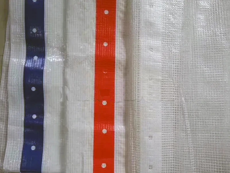 Close-up of the Clear String Reinforced Poly Tarp – 7 oz FR Scaffold Sheeting, featuring blue and red reinforced edges with evenly spaced holes. The main material is a semi-transparent, woven plastic.
