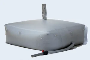 A large, gray Cube collapsible water tank with round corner reinforcement and an attached pipe is depicted against a plain background.