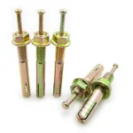 Six metallic expansion bolts with threaded ends and hexagonal nuts arranged in two sets of three, three standing upright and three lying on their sides, essential components for the Safety swimming pool cover.